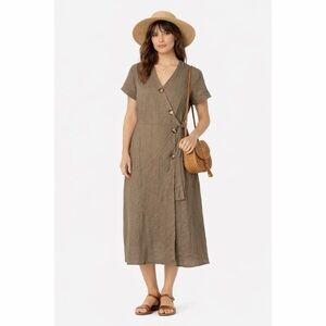 NWT Alessia Pacini Italian Made Pure Linen Olive Green Midi Wrap Dress